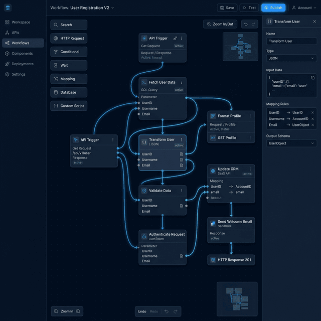 Visual API Builder interface — drag-and-drop workflow designer with connected nodes