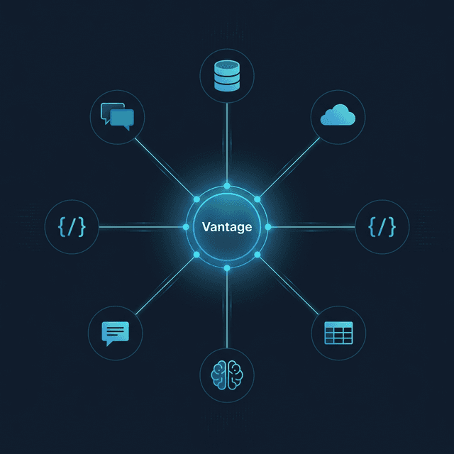 Data Spokes hub-and-spoke architecture — Vantage at the center connected to databases, SaaS, APIs, and AI